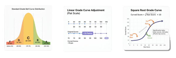 Standard bell curve grade distribution chart showing A, B, C, D, and F letter grade ranges with corresponding percentages